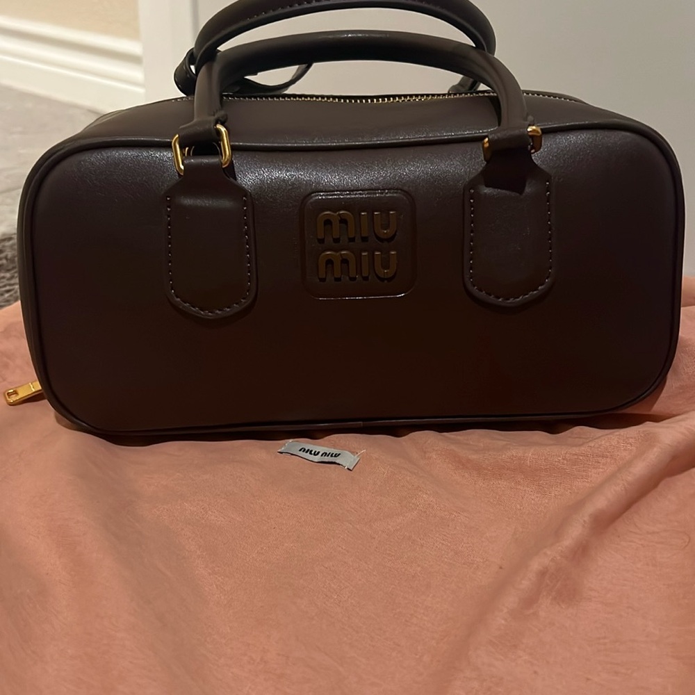 Miu Miu Dark Brown Leather Top-Handle Crossbody Bag with Gold Hardware -